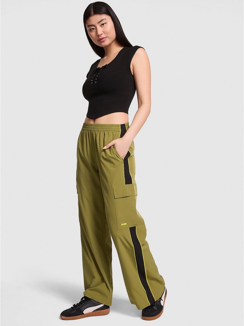 Victoria's Secret Olive Green Wide Leg Cargo Pants with Black Stripe